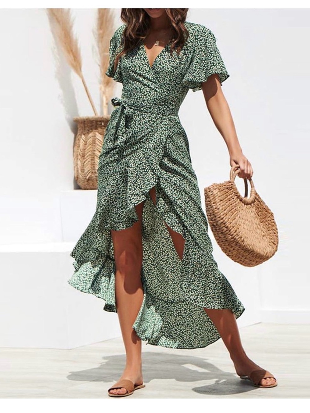 Green Floral Wrap Maxi Dress with Ruffle Hem
